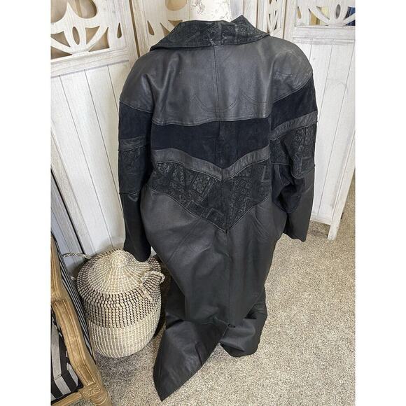 Vintage 80s Outbrook Leather Trench Coat Car Jacket Navajo Tribal Size 2XL - Picture 7 of 10